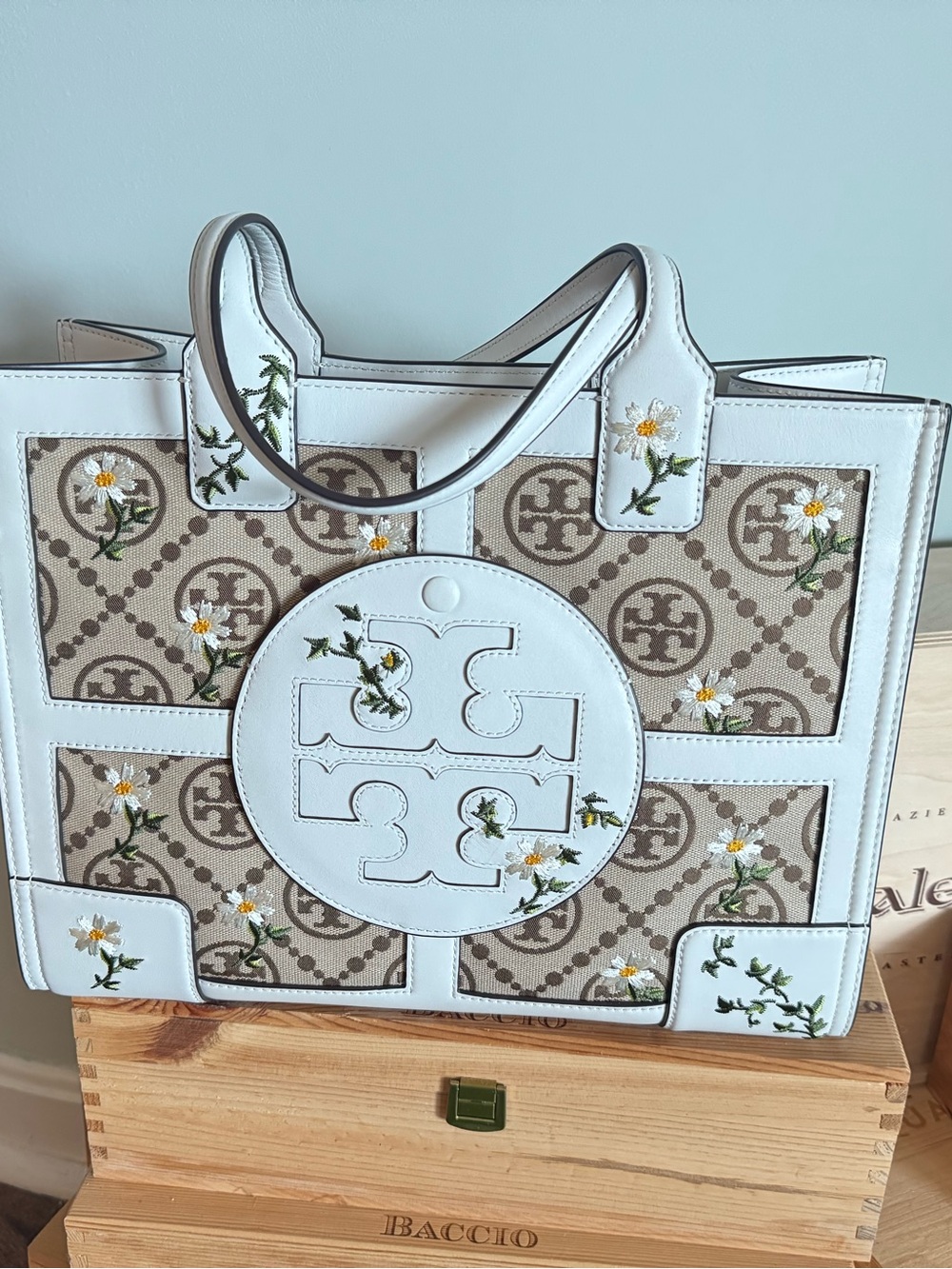Tory Burch White Leather-Trim Embroidered Canvas Tote